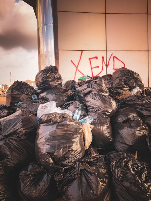 A row of large wheelie bins lined up along a paved pathway beside a brick wall on the right. The bins are made of plastic with textured lids, painted in various colors: the nearest bin in green, follo